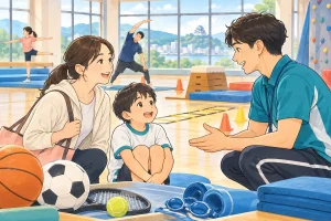 運動教室で指導者と相談する親子のイラスト