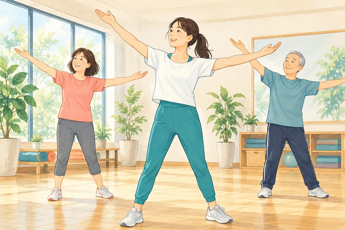指導者と一緒に無理なく体を動かす大人のイラスト