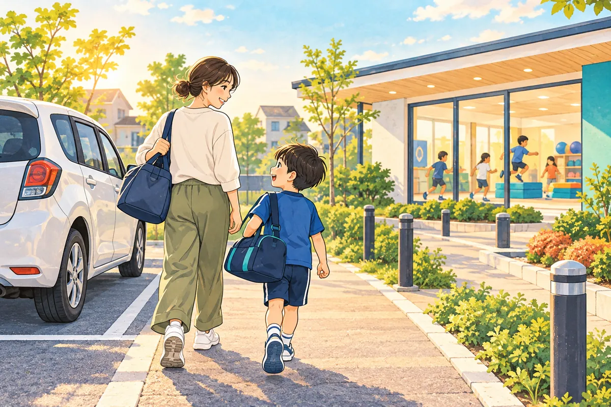 運動教室への送迎や通いやすさを考える親子のイラスト