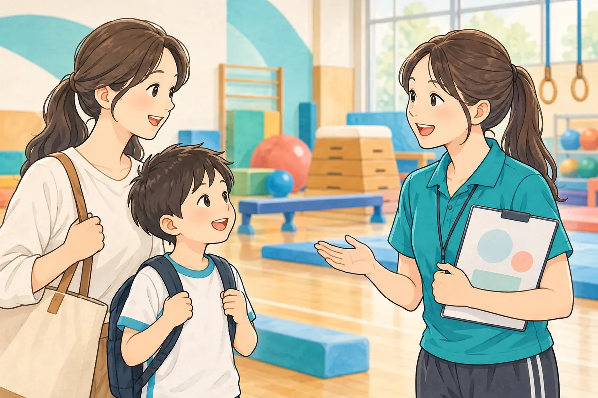 体験レッスンで指導者に相談する親子のイラスト